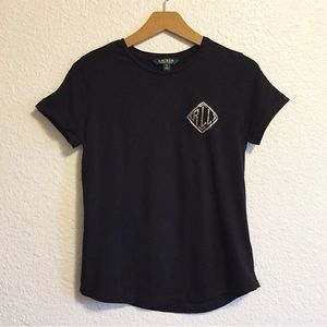 Lauren Ralph Lauren Green Label Black Embroidered Beaded Logo Tee Women’s XS
